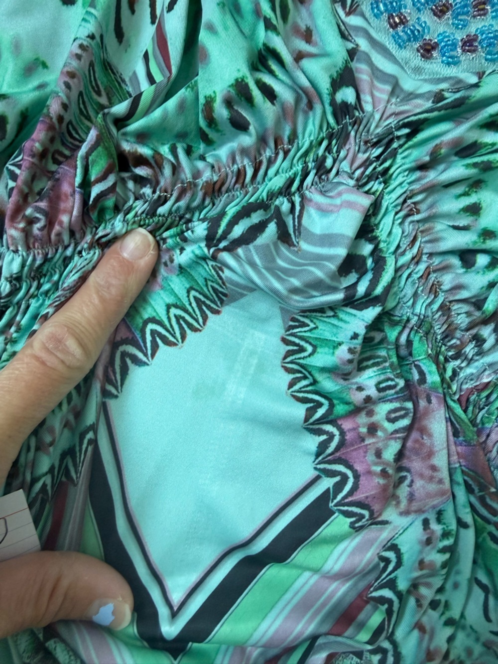 ONE WORLD Multicolor Blue Paisley Midi Hippie Boho Dress Beaded Vneck Size XL 1X - Picture 9 of 10
